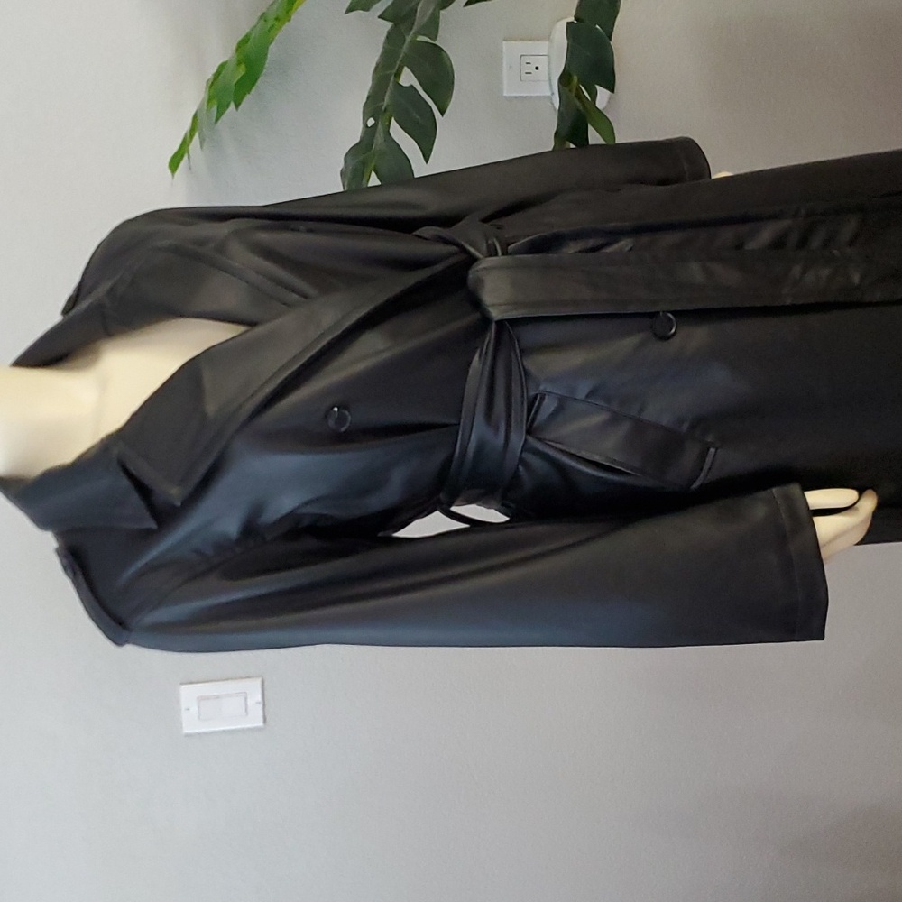 Black Faux Vegan Leather long belted Trench Coat S womens - Picture 9 of 13
